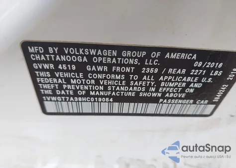 2017 Volkswagen Passat 1.8T Se из США, поврежденный, VIN 1VWGT7A38HC019054